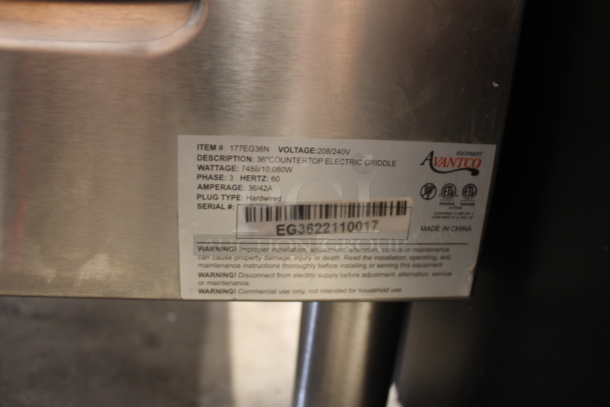 BRAND NEW SCRATCH AND DENT! Avantco 177EG36N Commercial Stainless Steel Electric 36" Countertop Griddle On Galvanized Legs. 208/240V, 3 Phase. Tested And Working! - Image 6 of 9