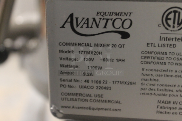 BRAND NEW SCRATCH AND DENT! 2022 Avantco 177MX20H Metal Commercial Countertop 20 Quart Planetary Dough Mixer w/ Stainless Steel Mixing Bowl, Bowl Guard, Dough Hook, Paddle and Whisk Attachments. 120 Volts, 1 Phase. Tested and Working! - Image 5 of 6