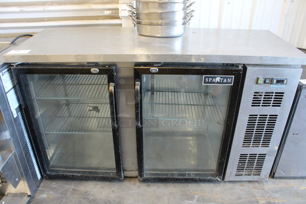 Spartan Model SGBB-58 Stainless Steel Commercial 2 Door Back Bar Cooler Merchandiser w/ Poly Coated Racks. 115 Volts, 1 Phase. 57.5x21x34. Tested and Working!