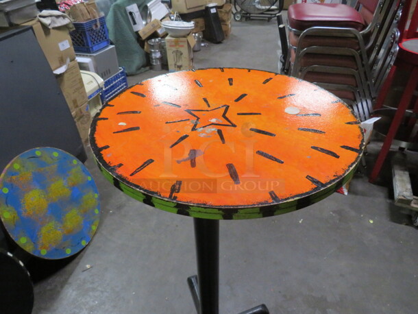 One 24X24X342 Abstract Round Painted  Table Top On A Bar Height Pedestal Base.  - Image 1 of 1