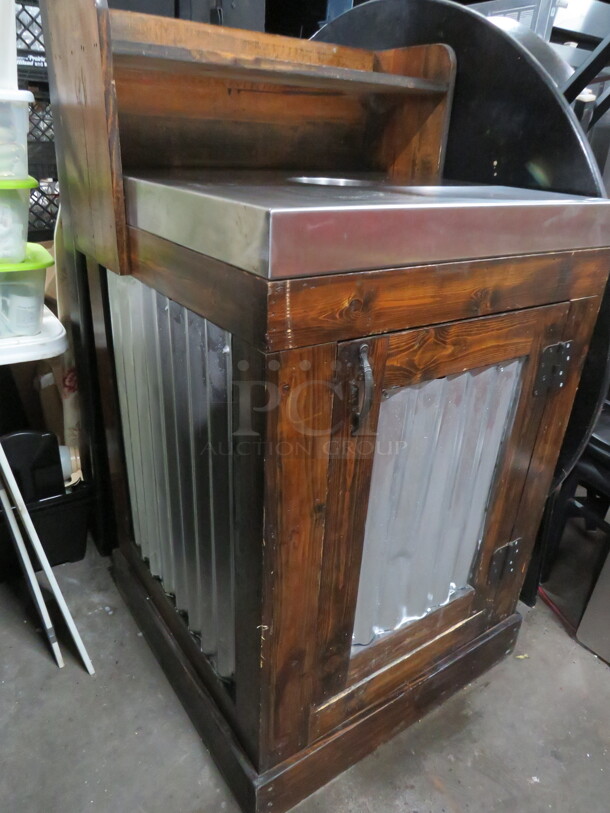 One 1 Door Trash Receptacle With Stainless Steel Top, Overshelf, And A Rubbermaid Trash Can. - Image 2 of 3