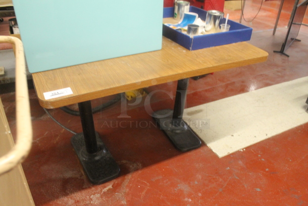 Wood Pattern Table on 2 Metal Table Bases w/ Contents.  - Image 2 of 4