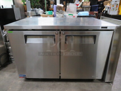 One WORKING Turbo Air 2 Door Worktop Refrigerator With 2 Racks, On Casters. Model# MUR-48-N. 115 Volt. 48X30X36