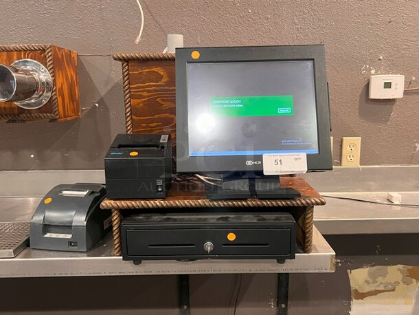 POS NCR Monitor, Cash Drawer W/Key, Epson Printer, and SNBC Printer

Location: Behind Bar 
