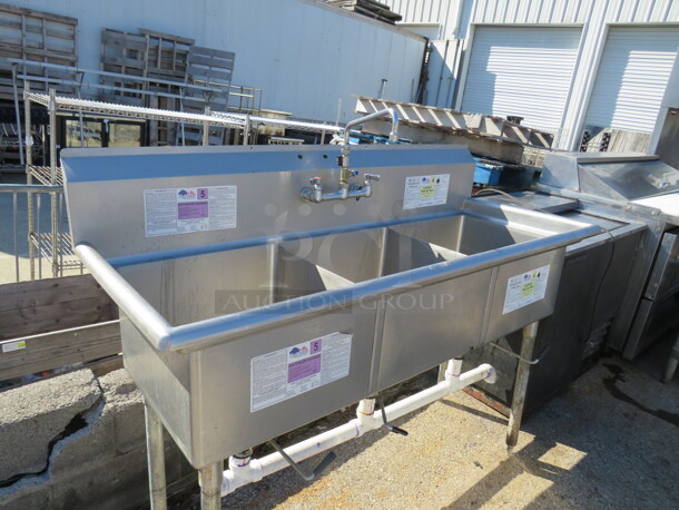 One Stainless Steel 3 Compartment Sink With Faucet. 60X24X25 - Image 2 of 2