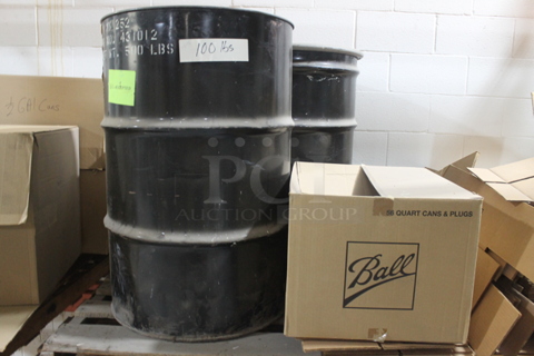 ALL ONE MONEY! TWO PALLET LOT of Various Items Including 2 Black Metal Barrels and Ball Jars. BUYER MUST REMOVE.