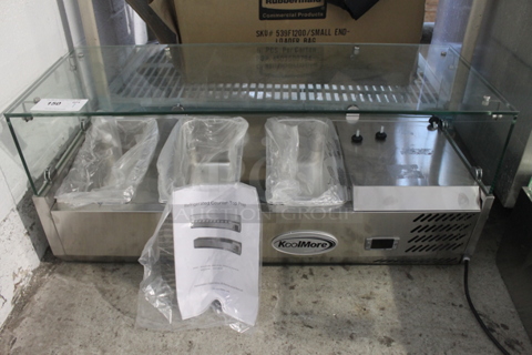 BRAND NEW SCRATCH AND DENT! KoolMore SCDC-3P-SSL Stainless Steel Commercial Countertop Refrigerated Rail w/ 3 Drop In Bins and Glass Sneeze Guard. 115 Volts, 1 Phase. Tested and Working!
