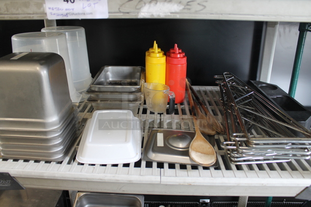 ALL ONE MONEY! Metro Lot of Various Items Including Stainless Steel Drop In Bins and Poly Condiment Bottles. Does Not Include Shelving Unit. - Image 4 of 5