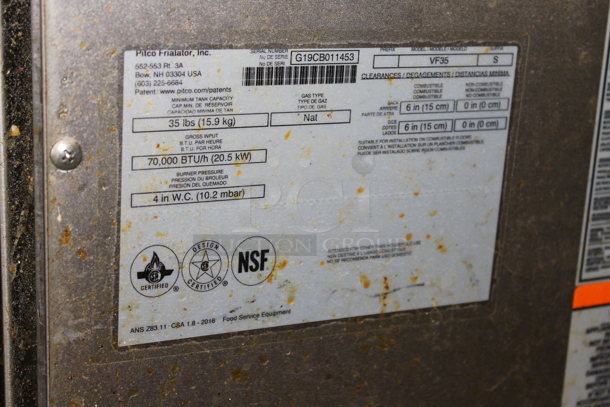 2019 Pitco Frialator VF35 Stainless Steel Commercial Floor Style Natural Gas Powered Deep Fat Fryer w/ 2 Metal Fry Baskets on Commercial Casters. 70,000 BTU. - Image 3 of 3