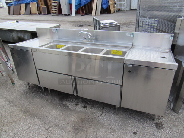 One Stainless Steel PERLICK 3 Well Bar Sink With Faucet, Back Splash, And R/L Drain Table With Under Storage. 84X24X36
