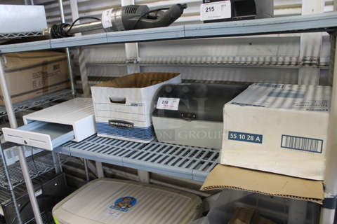 ALL ONE MONEY! Tier Lot of Various Items Including Poly Towel Dispenser and Metal Cash Drawer.