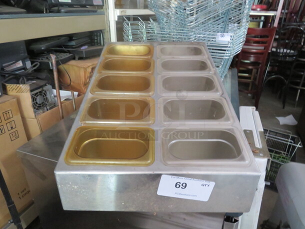 One Stainless Steel Condiment Holder With 10-1/9 Size Food Containers. 15X22X10