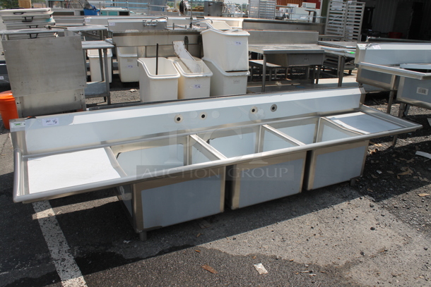 BRAND NEW SCRATCH AND DENT! Regency 600S32424224 124" 16-Gauge Stainless Steel Three Compartment Commercial Sink with 2 Drainboards. Bays 24x24x12. Drain Boards 22x26x1 - Image 1 of 11