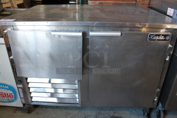 2012 Leader Model LB48 S/C Stainless Steel Commercial 2 Door Undercounter Cooler on Commercial Casters. 115 Volts, 1 Phase. 48x33x36. Tested and Working!