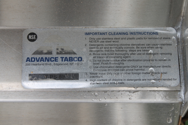 BRAND NEW SCRATCH AND DENT! Advance Tabco Stainless Steel Commercial Single Bay Wall Mount Sink w/ Cabinet. - Image 6 of 9