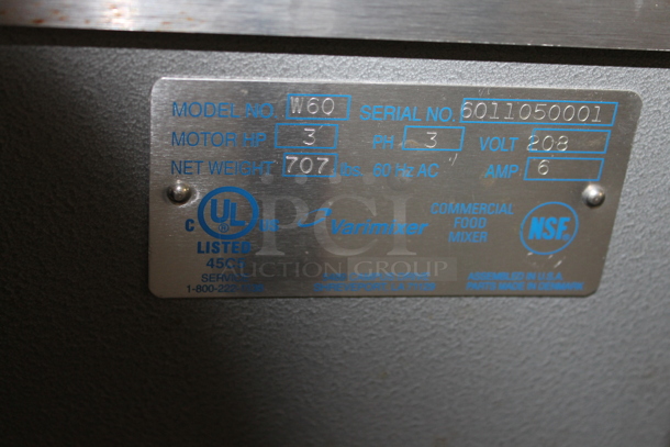 Varimlxer W60 Metal Commercial Floor Style 60 Quart Planetary Dough Mixer w/Stainless Steel Mixing Bowl, Bowl Guard and Paddle Attachment. 208 Volts, 3 Phase.  - Image 4 of 11