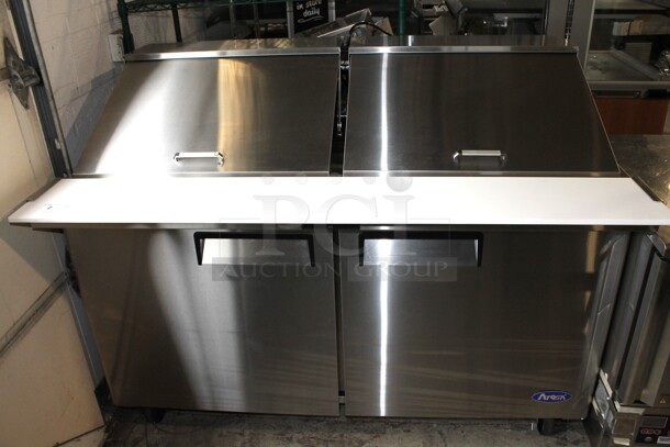 BRAND NEW! 2022 Atosa MSF8307GR Stainless Steel Commercial Sandwich Salad Prep Table Bain Marie Mega Top w/ Stainless Steel 1/6 Size Drop In Bins on Commercial Casters. 115 Volts, 1 Phase. Tested and Working! - Image 1 of 11