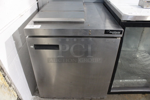 Delfield Model UC4427N-6M-DD1 Stainless Steel Commercial Single Door Work Top Cooler w/ Lid on Commercial Casters. 115 Volts, 1 Phase. 27x31.5x36. Tested and Working!