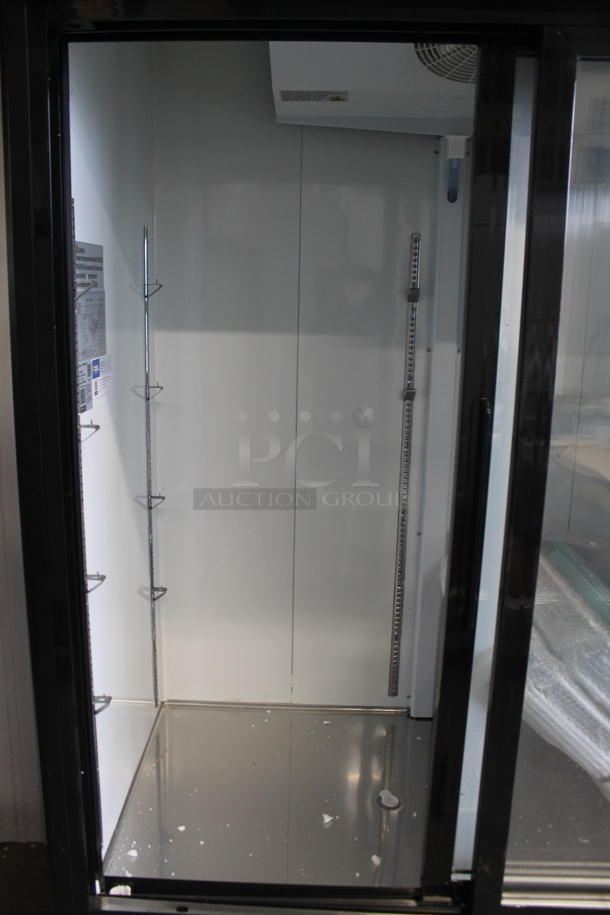 BRAND NEW SCRATCH AND DENT! 2023 Avantco 178GDS47HCB Metal Commercial 2 Door Reach In Cooler Merchandiser w/ Poly Coated Racks on Commercial Casters. 115 Volts, 1 Phase. Tested and Working! - Image 6 of 7