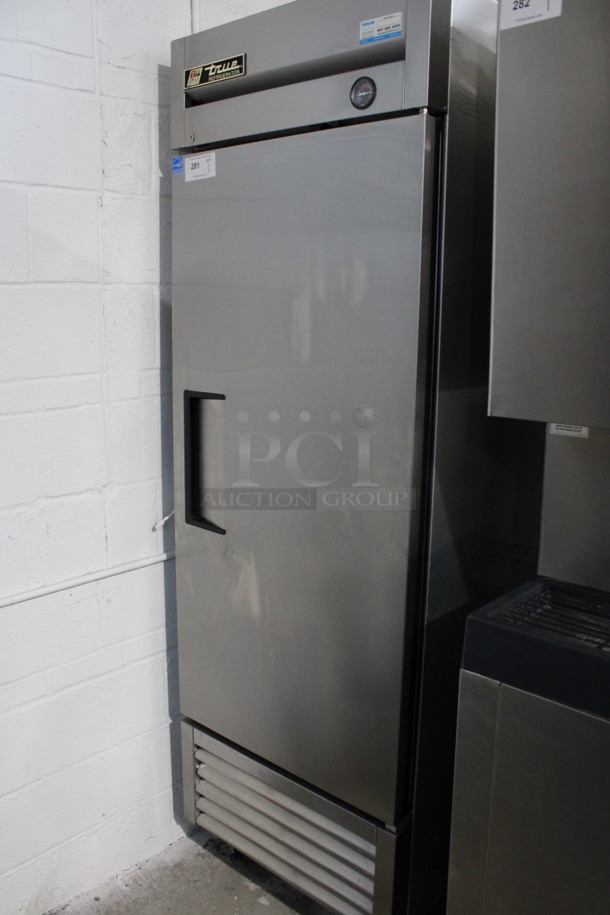 2011 True Model T-23 ENERGY STAR Stainless Steel Commercial Single Door Reach In Cooler w/ Poly Coated Racks on Commercial Casters. 115 Volts, 1 Phase. 27x30x83. Tested and Working!