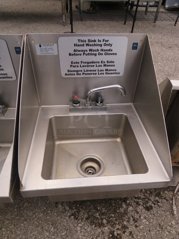 One Stainless Steel Hand Sink With Faucet, And R/L And Back Splash. 17X16 - Image 1 of 1