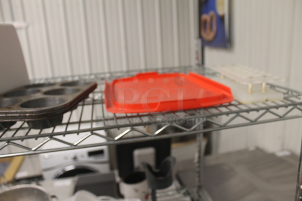 ALL ONE MONEY! Lot of Strainers, Stainless Steel Masher, Steel Drop In Bins, Hand Mixers, Small Steel Pot, Cuisinart Food Processor, Muffin Baking Sheets, Coffee Maker, Heart Shaped Wicker Basket, Salt And Pepper Shakers, Christmas Decorations, 2 Boxes Of NEC SP-32 Speakers AND MORE! Does Not Include Metro Shelf. - Image 7 of 12