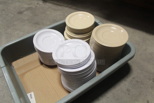 ALL ONE MONEY! Beige And White Plastic Saucers. 