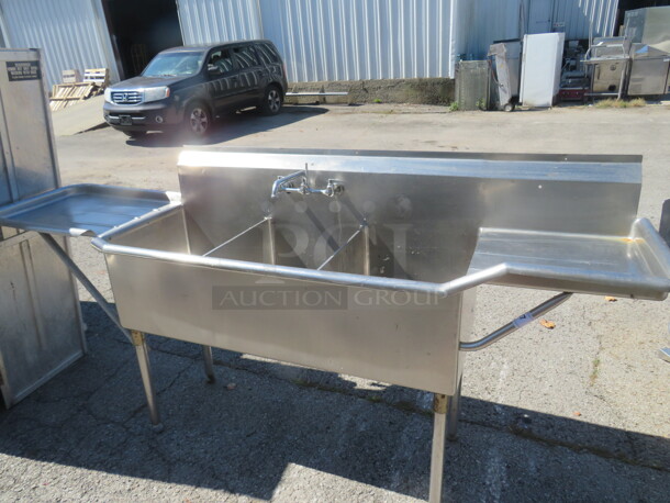 One Stainless Steel Triple Bowl Sink With Faucet, And R/L Drain Boards. 93X24X44