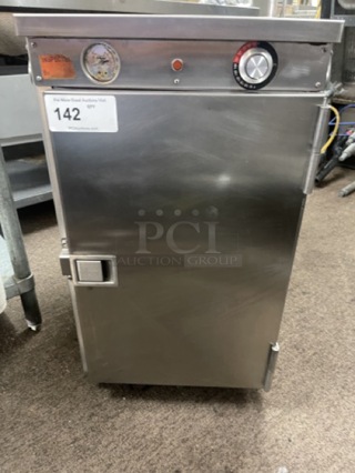 FWE HLC-8 Undercounter Insulated Mobile Heated Cabinet w/ (8) Pan Capacity, 120v The FWE HLC-8 undercounter insulated heated cabinet is positioned on 31⁄2-inch casters to provide mobility, and these casters swivel to help employees maneuver turns. It's made of durable stainless steel, and the exterior is polished smooth to facilitate cleaning. The door opens and closes on die-cast hinges and has a magnetic handle with no extruded parts that could get in the way. This cabinet is designed for undercounter use, measuring 17 inches wide by 26.50 inches deep by 33.50 inches high. Tested and Working!