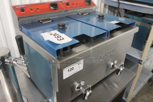 BRAND NEW SCRATCH AND DENT! Avantco 77F202 Stainless Steel Commercial Countertop Electric Powered 2 Well Fryer w/ 2 Metal Fry Baskets and 2 Lids. 208-240 Volts, 1 Phase. Tested and Working! - Image 2 of 8