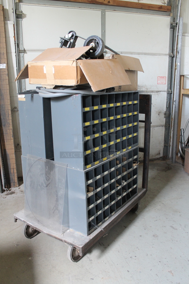 ALL ONE MONEY! Lot of Flat Cart w/ Contents on Casters Including Metal Cubbies. - Image 1 of 6