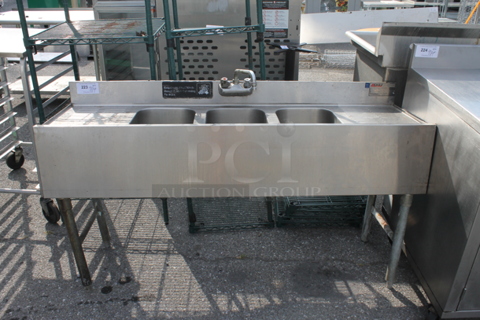 Stainless Steel Commercial 3 Bay Bar Sink w/ Dual Drain Boards, Faucet and Handles. Bays 10x14. Drain Boards 12.5x16.5
