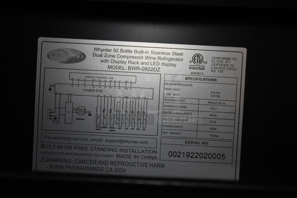 BRAND NEW SCRATCH AND DENT! Whynter BWR-0922DZ 92 Bottle Built-in Stainless Steel Dual Zone Compressor Wine Refrigerator. 115 Volts, 1 Phase. Tested and Working! - Image 4 of 4