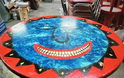 One 30X30X342 Abstract Round Painted  Table Top On A Bar Height Pedestal Base. 