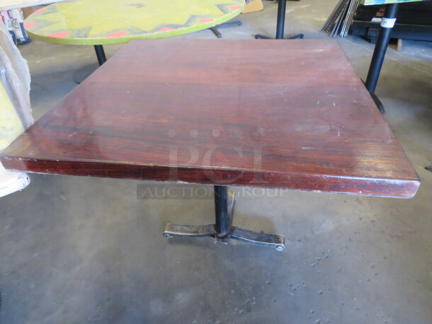 One 2 Inch Thick Wooden Table Top On A Pedestal Base. 32X32X30 Base Broken.