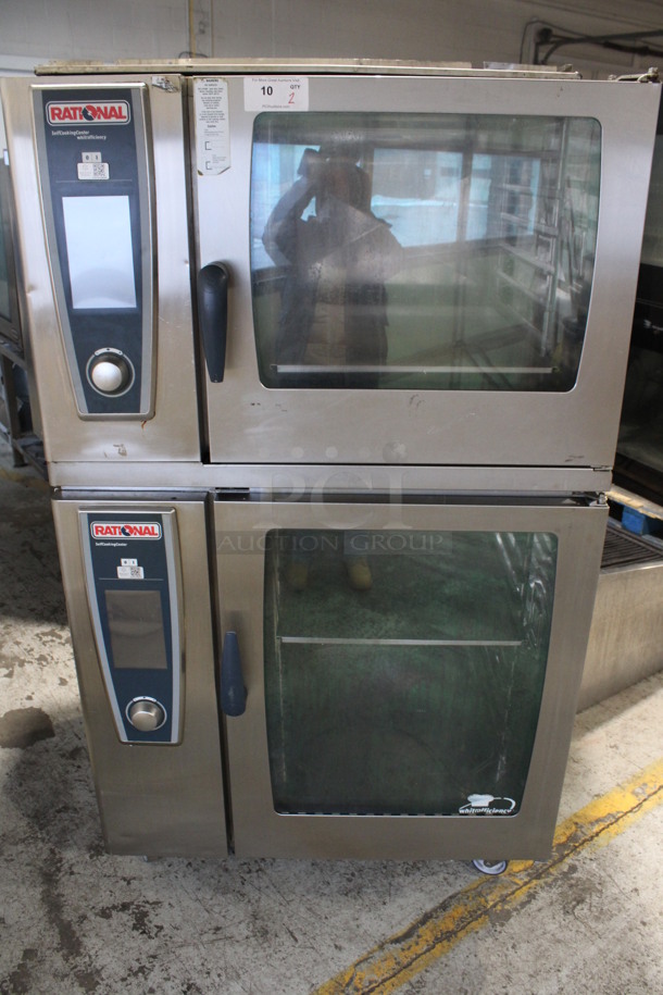 2 Rational Stainless Steel Commercial Combitherm Self Cooking Center Convection Ovens on Commercial Casters. Top Model: SCC WE 62. Bottom Model: SCC WE 102. 480 Volts, 3 Phase. 42x40x73. 2 Times Your Bid!