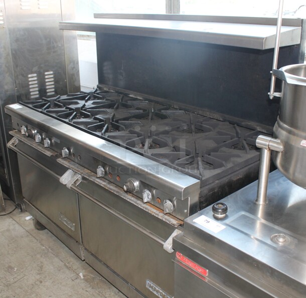 Imperial Stainless Steel Commercial Natural Gas Powered 10 Burner Range w/ 2 Ovens, Over Shelf and Back Splash on Commercial Casters.