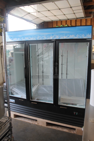 BRAND NEW SCRATCH AND DENT! 2023 Avantco 178GDC69HCB 78 1/4" Black Metal Commercial 3 Door Cooler Merchandiser with LED Lighting and Poly Coated Racks. 115 Volts, 1 Phase. Tested and Powers On But Does Not Get Cold