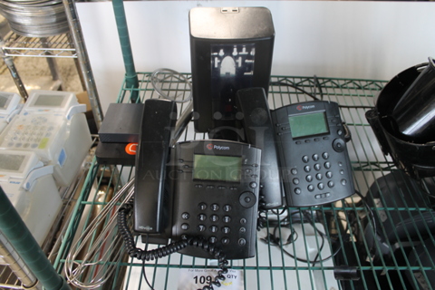 ALL ONE MONEY! Lot of 2 Polycom Corded Office Telephones, Dispenser and Whisk