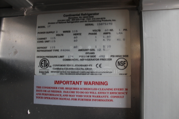 2018 Continental 1F Stainless Steel Commercial Single Door Reach In Freezer. 115 Volts, 1 Phase. Tested and Working! - Image 3 of 3