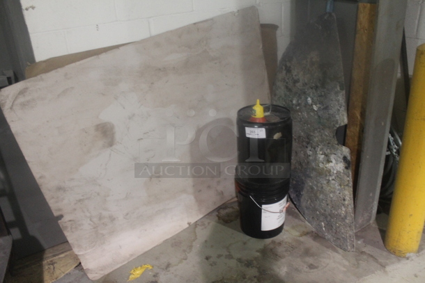 ALL ONE MONEY! Lot of 2 Black Buckets and Sheet of Material.  BUYER MUST REMOVE. - Image 1 of 3