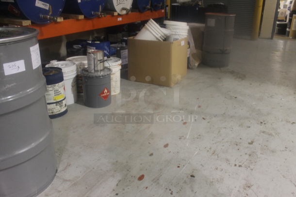 ALL ONE MONEY! MEGA LOT of Various Metal Barrels and Poly Buckets of Various Contents; Aluminum Paste, Ammonium Hydroxide and Liquid Roof. BUYER MUST REMOVE. - Image 2 of 12