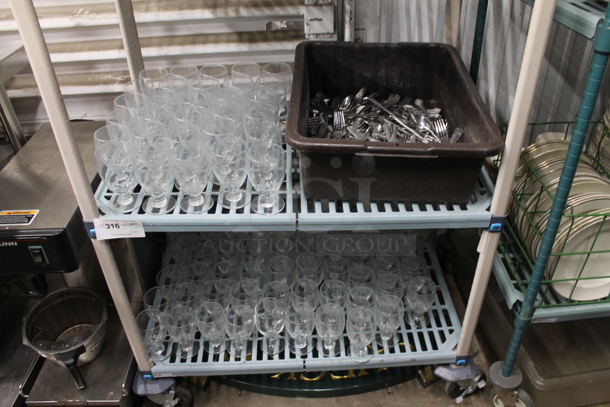 ALL ONE MONEY! Two Tier Lot of Glasses and Bus Bin of Silverware - Item #1098887