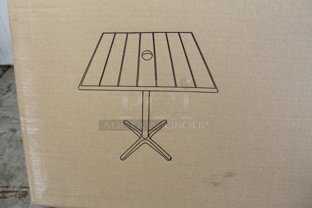 BRAND NEW SCRATCH AND DENT! Lancaster Table & Seating 427CAU3232OR 32" x 32" Orange Powder Coated Aluminum Dining Height Outdoor Table with Umbrella Hole. Stock Picture Used as Gallery Picture. - Image 3 of 5