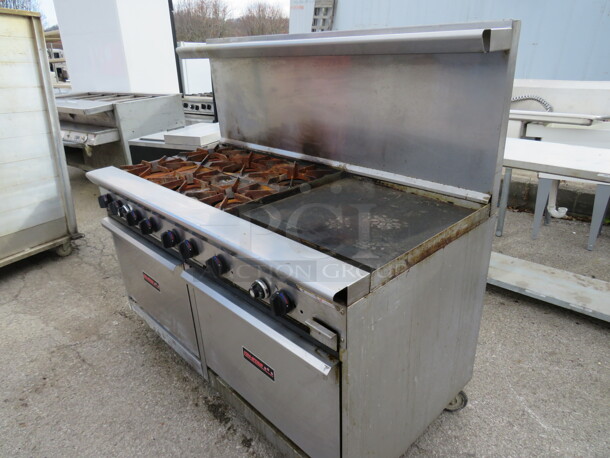 One Tristar Natural Gas 6 Burner/24 Inch Griddle Double Oven Range With 2 Racks And A  Stainless Steel Over Shelf On Casters. 60X33X57. Model# TSR-G24RH-6-E26L.  - Image 4 of 4