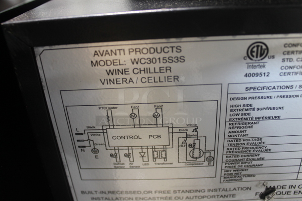 BRAND NEW SCRATCH AND DENT! Avanti WC3015S3S Wine Chiller With Glass Door Trimmed in Stainless Steel With Wood Front Pull Out Racks, Black.  115V. Tested and Working! - Image 5 of 6