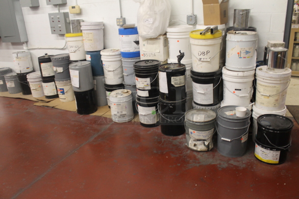 ALL ONE MONEY! Lot of Various Buckets Including Ricon, Dynasylan Glymo and Calcined Aluminum Silicate. BUYER MUST REMOVE. - Image 1 of 9