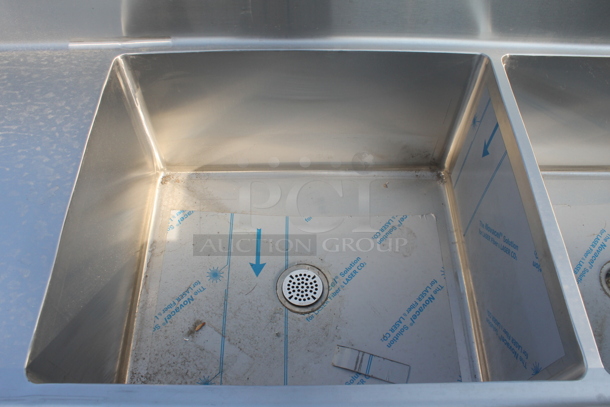 BRAND NEW! Vollrath Commercial Stainless Steel Flush Mount 3 Bay Sink With Left and Right Drain Boards And Right Side Undershelf On Galvanized Legs. Bays are 28x24x15 deep and Drainboards are 37x26 - Image 4 of 9