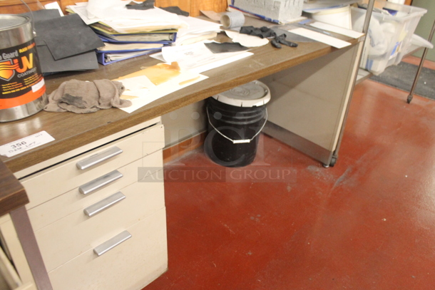 Tan Metal Desk w/ Wood Pattern Desktop, Contents. BUYER MUST REMOVE. - Image 2 of 4