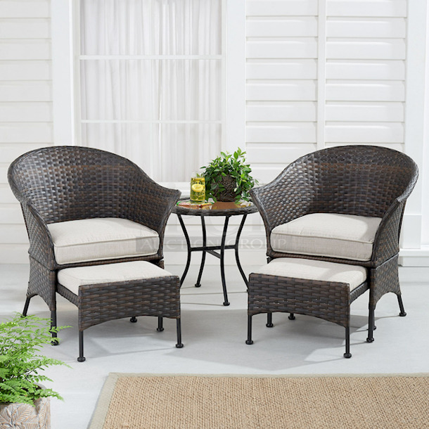 Mainstays Arlington Glen 5 Piece Outdoor Furniture Patio Leisure Set, Beige. Chair dimensions: 26.25" x 28.25" x 32"; 15.7 lbs.
Side table dimensions: 20" D x 19.25"; 6.37 lbs.
Ottoman dimensions: 19.5" x 19" x 12.5"; 8.86 lbs. - Image 1 of 11